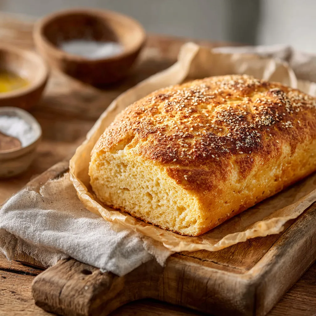 Ein Baguette mit Sesamkörnern auf einer Tischplatte.