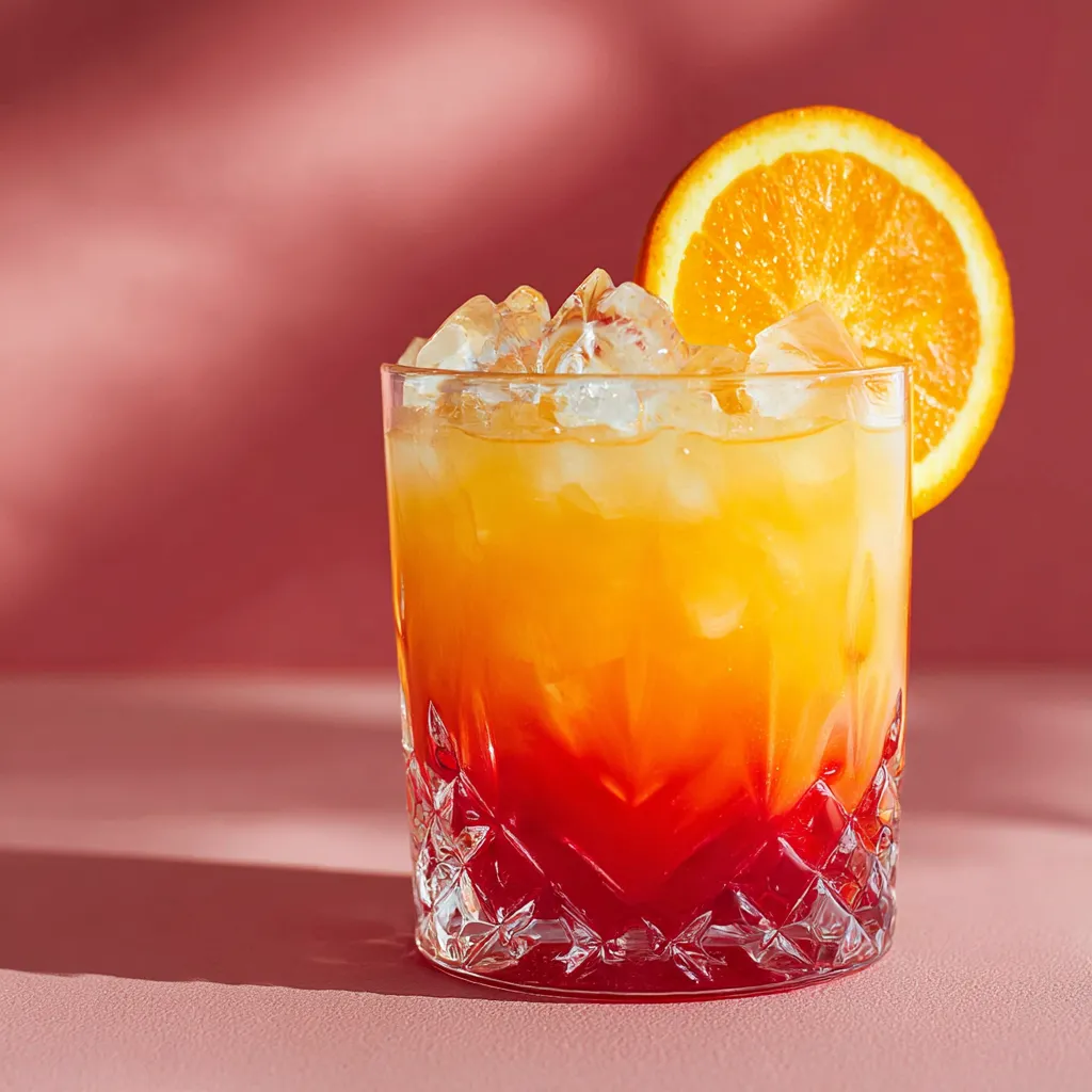 Ein Glas mit einer Orange und einem Getränk, das aus Orangensaft, Zitronensaft und Zucker besteht.