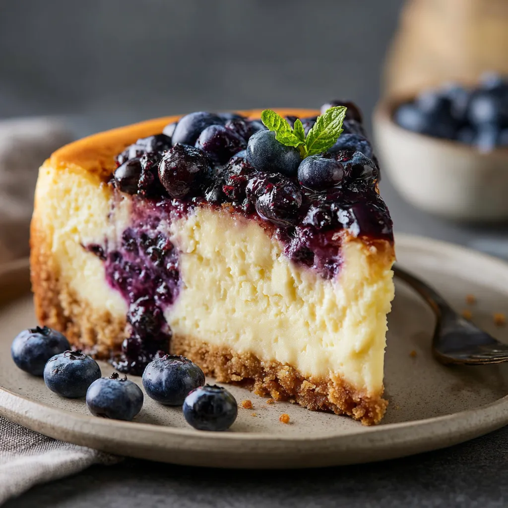 Ein Stück Käse mit Blaubeeren auf einem Teller.