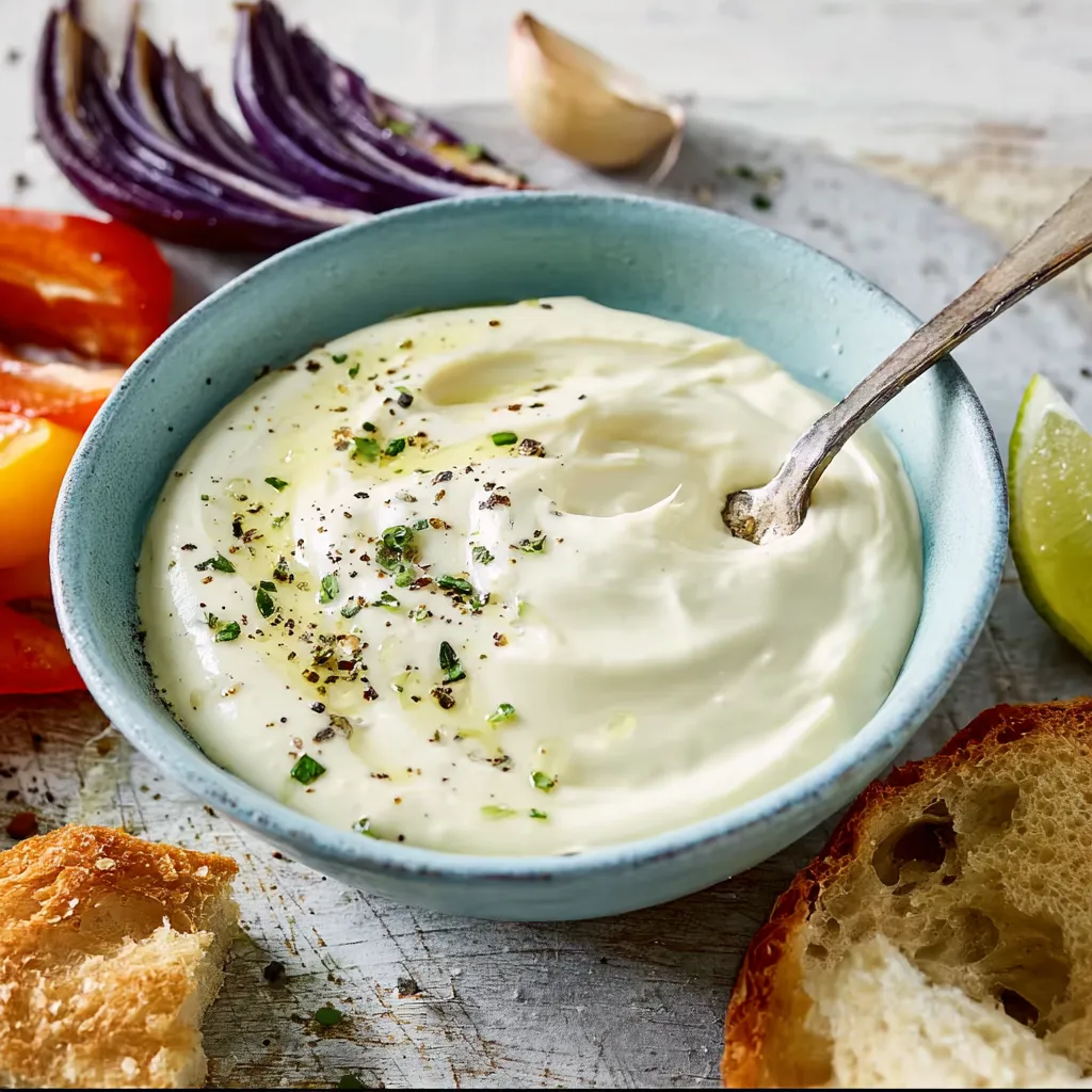 Eine Schüssel mit cremiger Sauce, die mit Zwiebeln und Tomaten garniert ist.