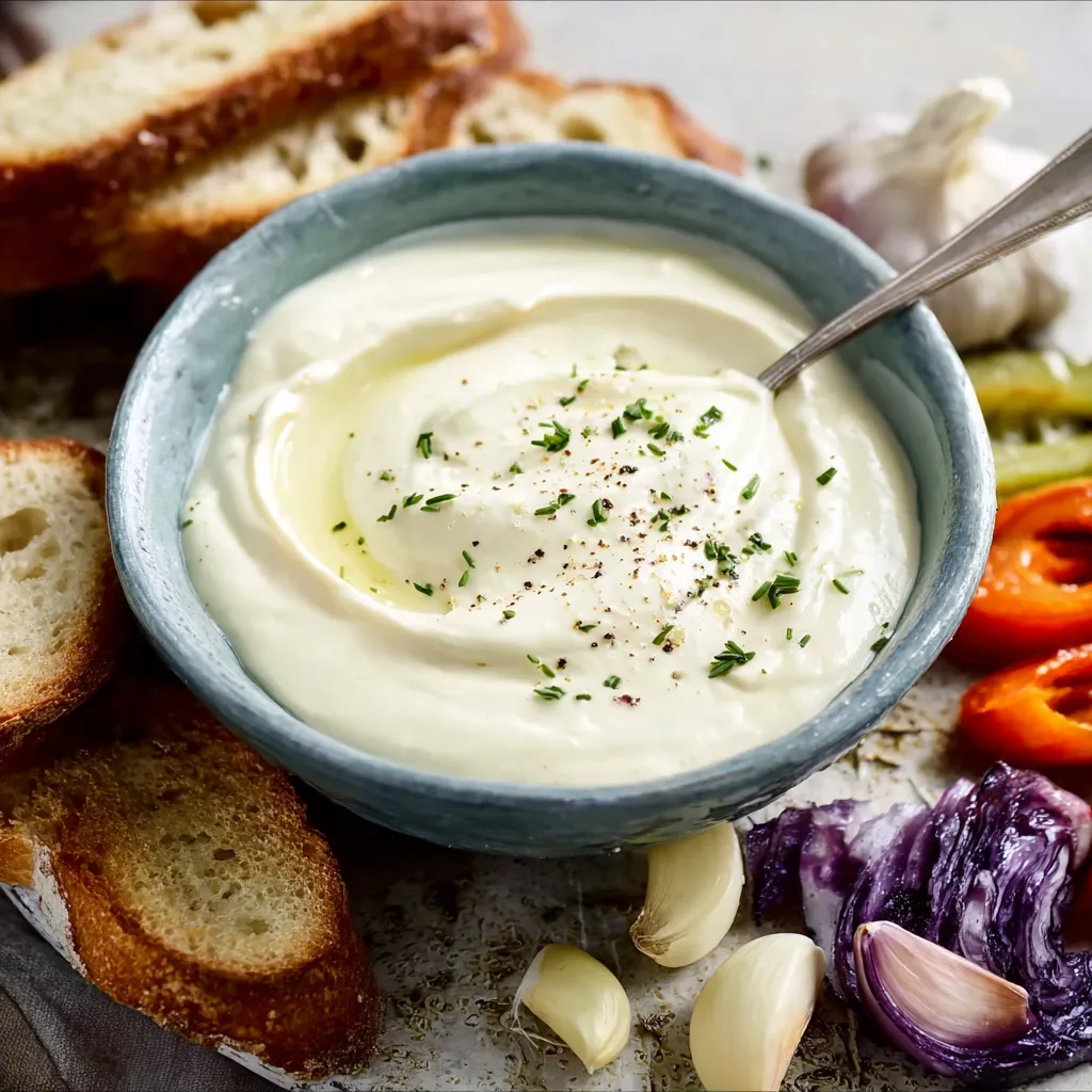 Eine Schüssel mit einer cremigen Substanz, die mit Knoblauch und Zwiebeln garniert ist.