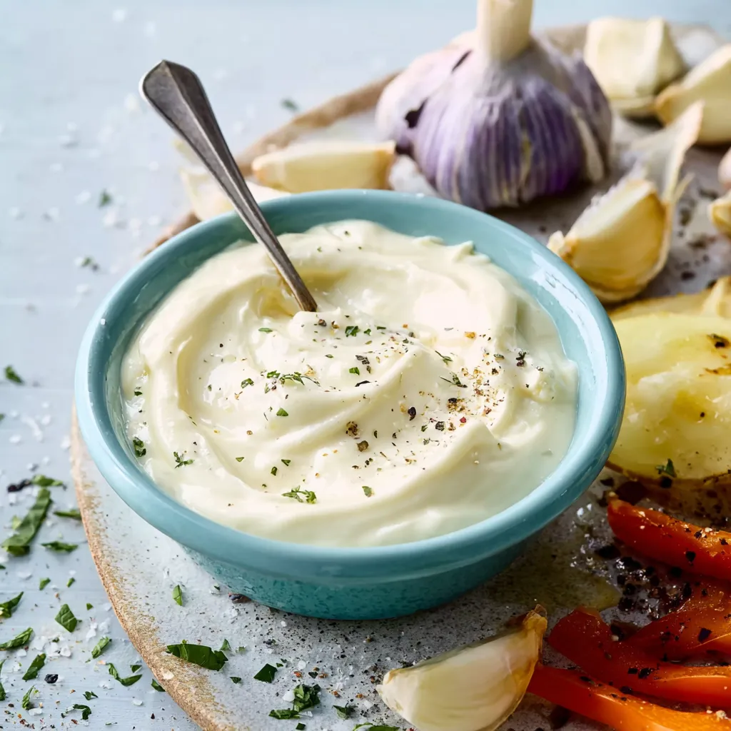 Ein Schmelztopf mit einer cremigen Mischung aus Mayonnaise, Zwiebeln und Kräutern auf einem Teller.