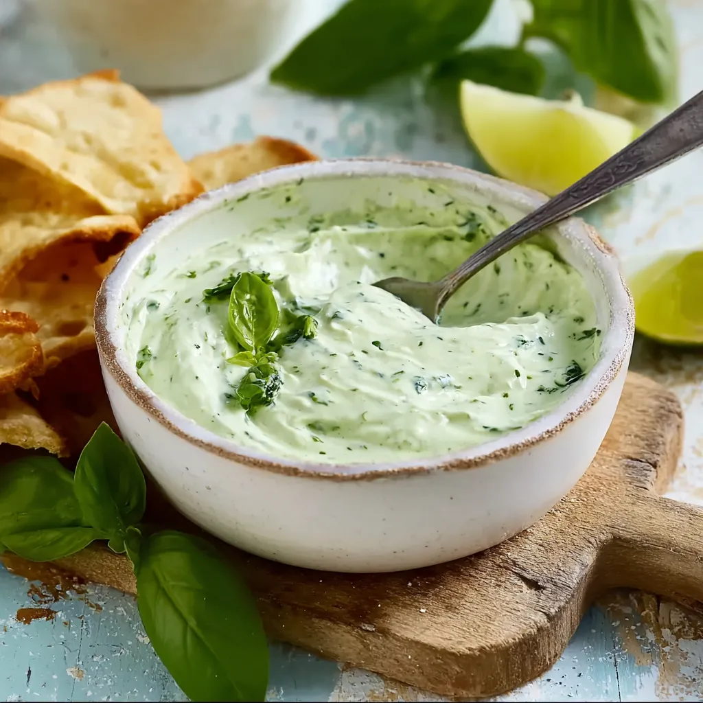 Ein weißer Kugelkopf mit grünem Dressing und grünen Blattchen darin.