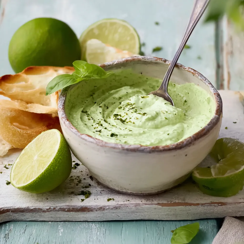 Ein Schmelztopf mit grünem Dressing auf einem Tisch.
