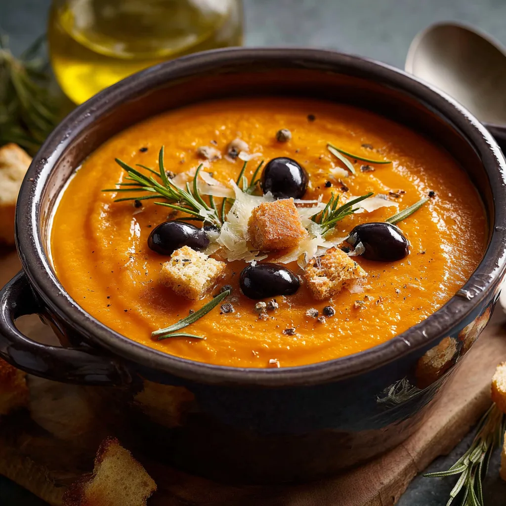 Ein Topf mit einer cremigen Suppe, die mit Oliven, Zwiebeln und Knusprigem Brot garniert ist.