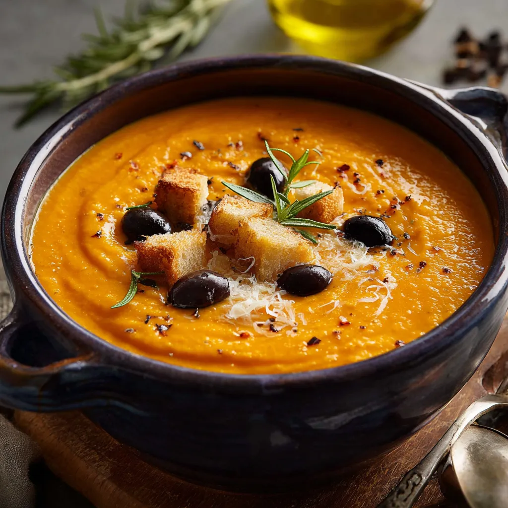 Ein Schalen mit einer cremigen Suppe, die mit Toastbrot, Oliven und Kräutern garniert ist.