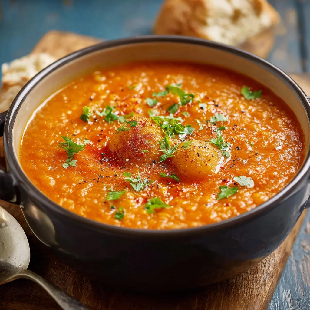Ein Topf mit einer Suppe, die mit Zwiebeln und Knoblauch garniert ist.