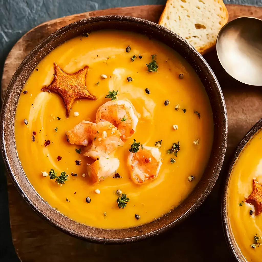 Ein Topf mit einer cremigen Suppe, die mit gerösteten Gewürzen und Kräutern zubereitet wurde.
