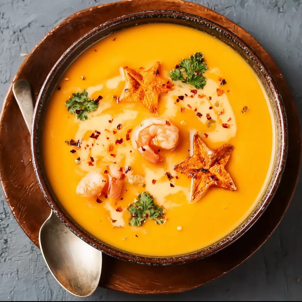 Ein Schalen mit einer cremigen Suppe, die mit gerösteten Krusten und Shrimp garniert ist.