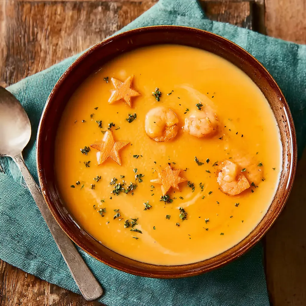 Ein Schalen mit einer cremigen Suppe, die mit Shrimp garniert ist.