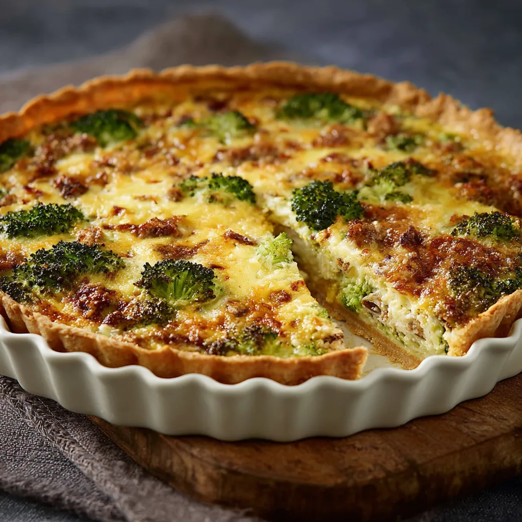Ein Stück Käsekuchen mit Kartoffeln und Brokkoli.