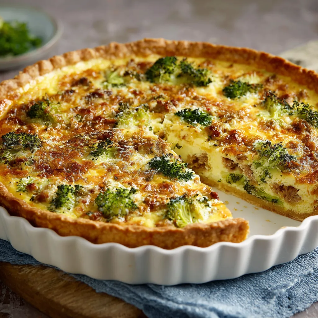 Ein Stück Käsekuchen mit Kartoffeln und Brokkoli.