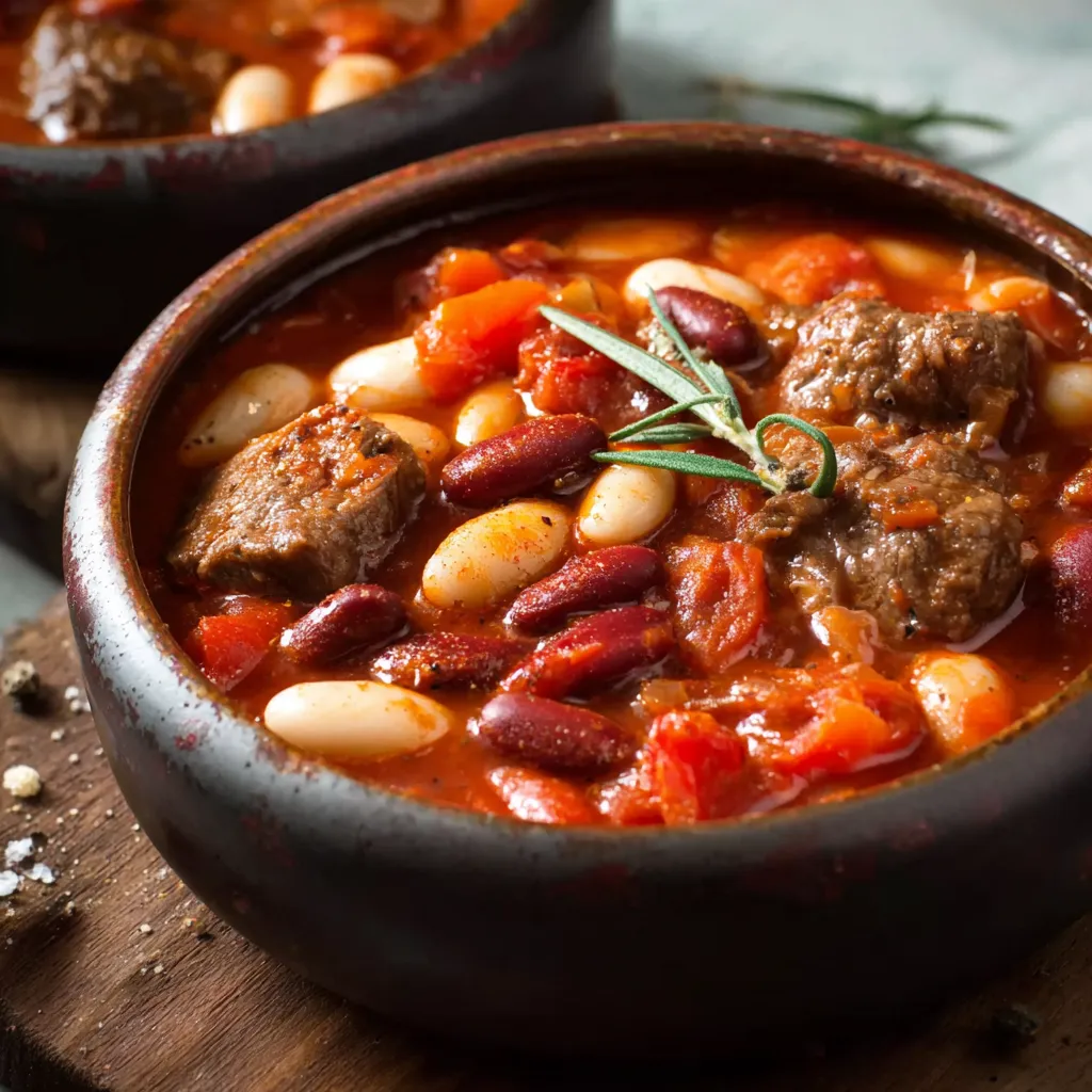 Ein Topf mit einer Mischung aus Fleisch, Kartoffeln, Tomaten, Bohnen und anderen Gemüse.