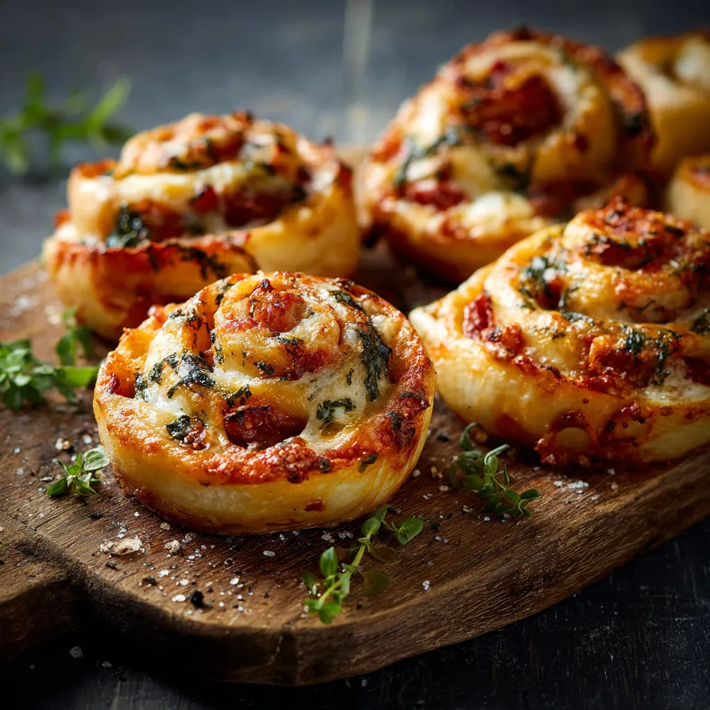 Ein Holzbrett mit sechs aufgeklappten Pizzas mit Tomaten und Basilikum darauf.