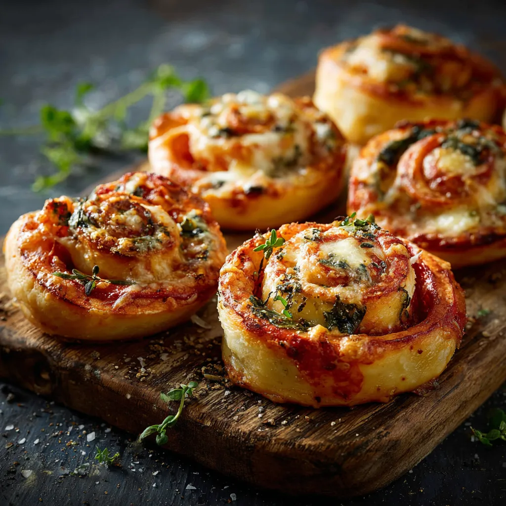 Ein Holzbrett mit sechs aufeinandergestellten, gefüllten Pizzas.