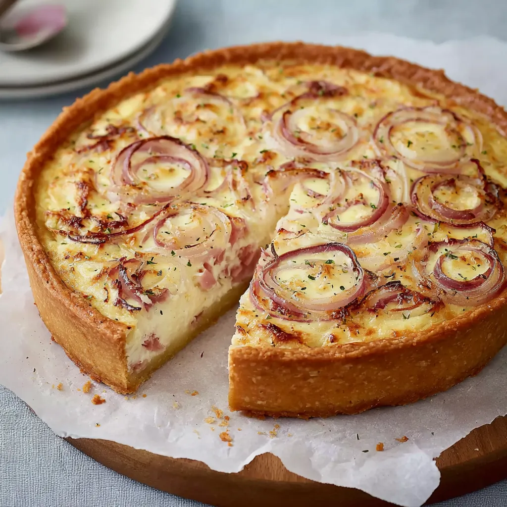 Eine Scheibe Käse mit Zwiebeln und Onions auf einem Holzblock.