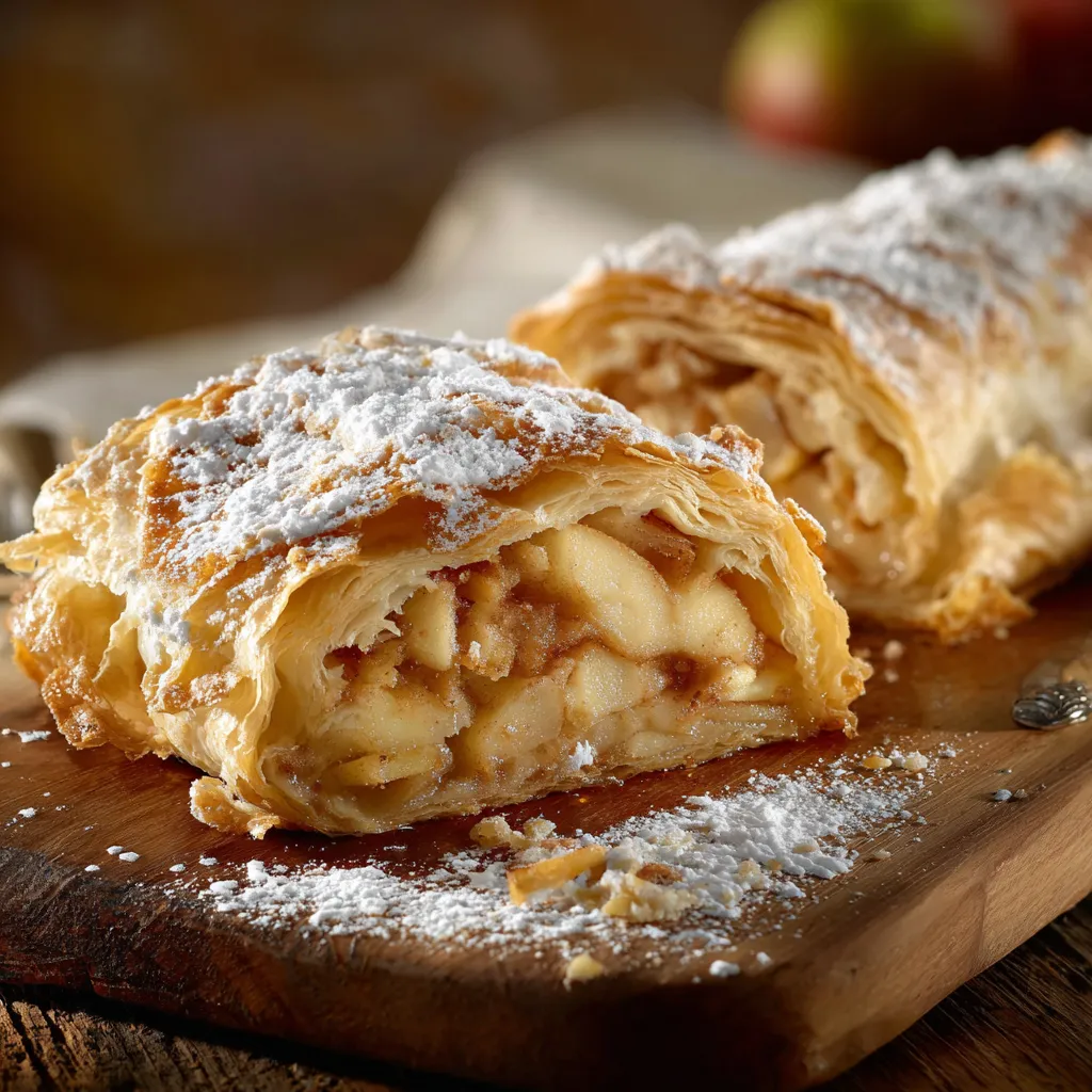 Zwei Scheiben von Kuchen mit weißem Zucker auf einem Holzbrett.