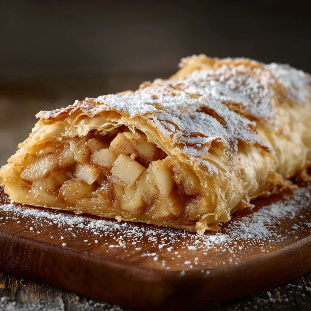 Eine halbe Apfelstrudel mit weißem Zucker auf einem Holzblock.