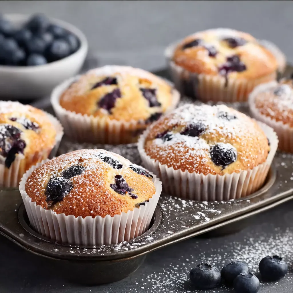 Eine Tasse mit blauen Beeren vor blauen Muffins.