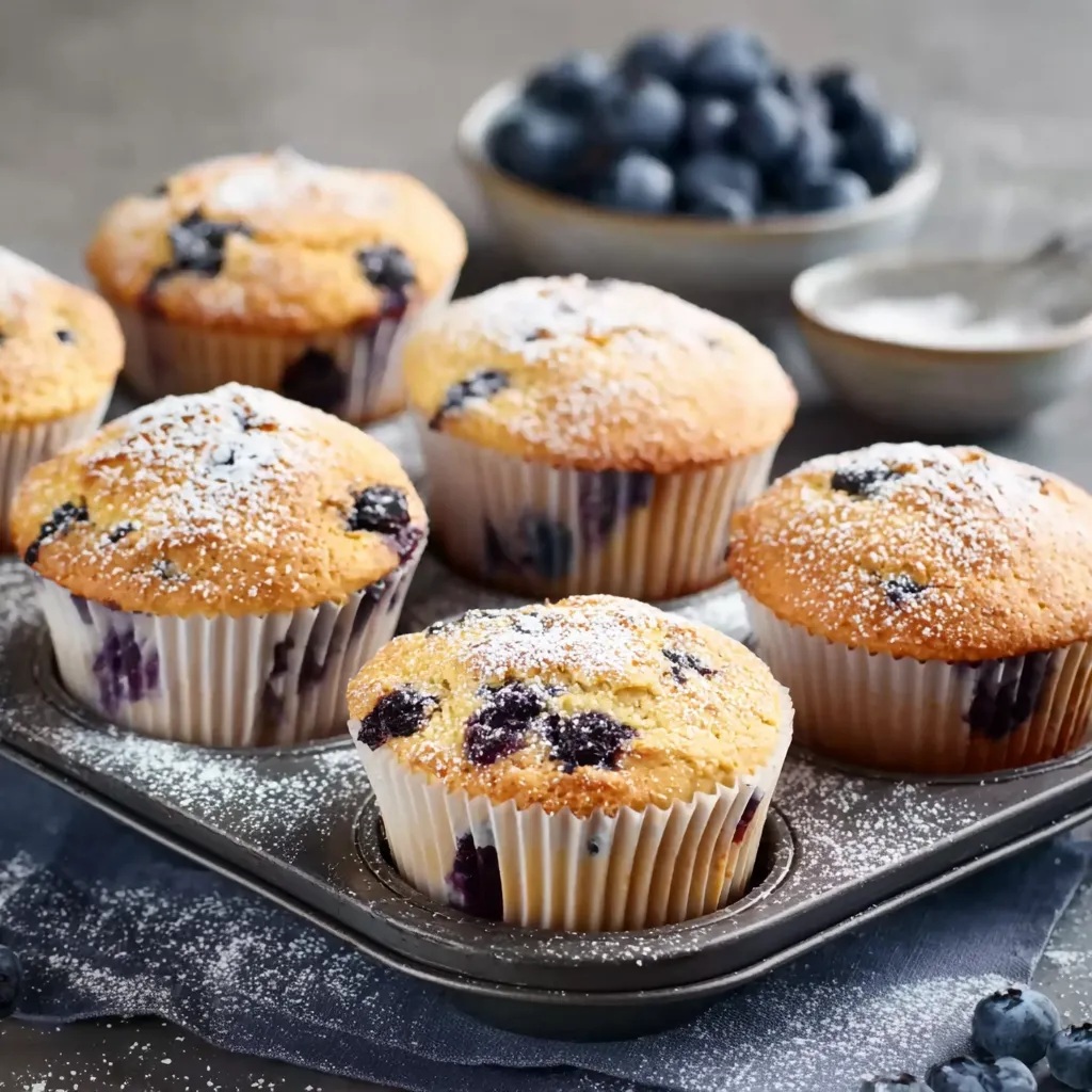 Eine Schüssel mit sechs Muffins, die mit Zucker und Blaubeeren gefüllt sind.
