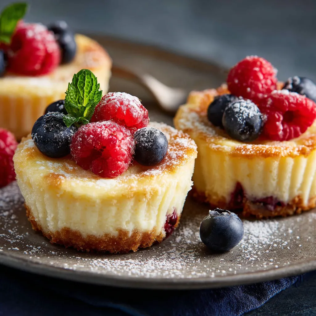 Zwei kleine Cakes mit Raspberry und Blueberry, die mit Zucker und Mint bestreut sind.