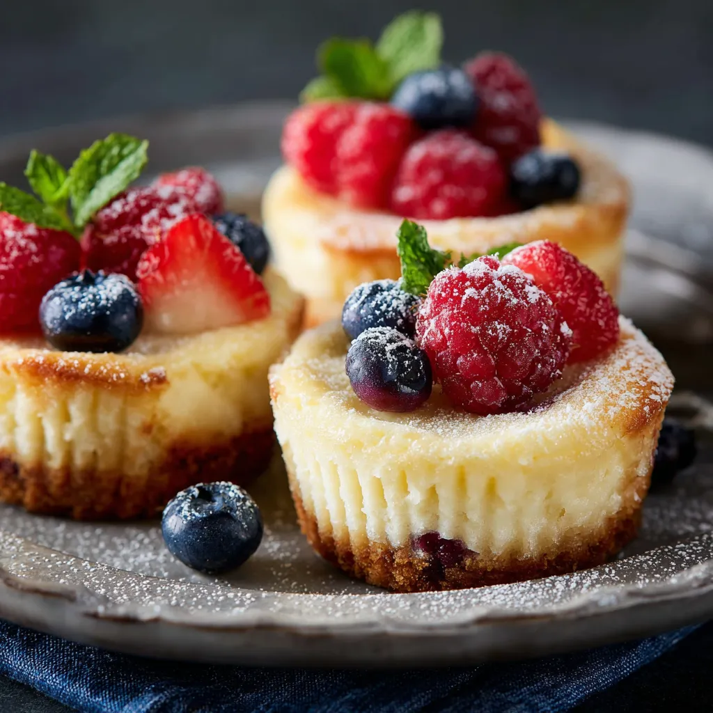 Zwei kleine, frische, mit Strawberries und Blaubeeren geschmückte Cakes auf einem Teller.