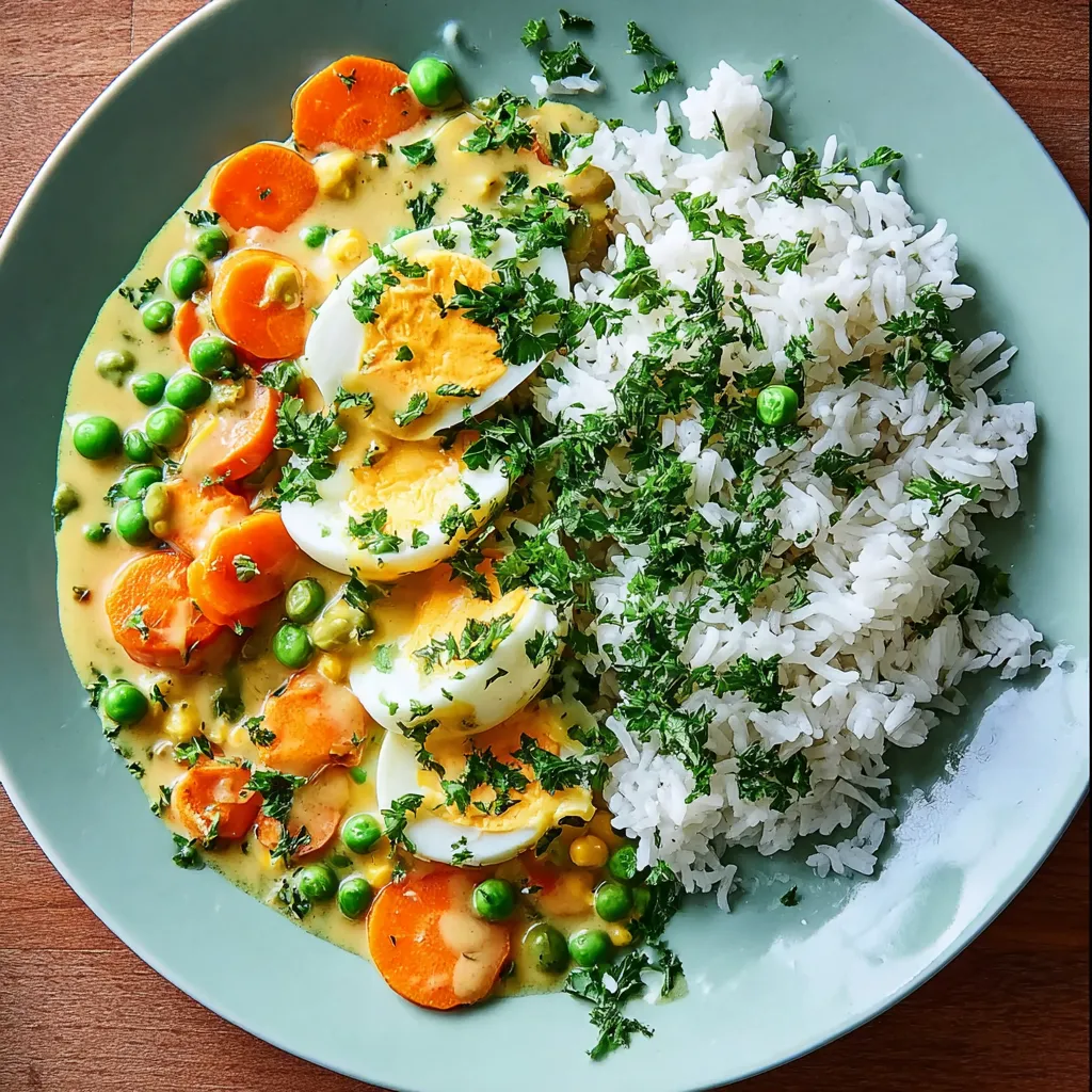 Ein Plate mit Reis und Eiern.