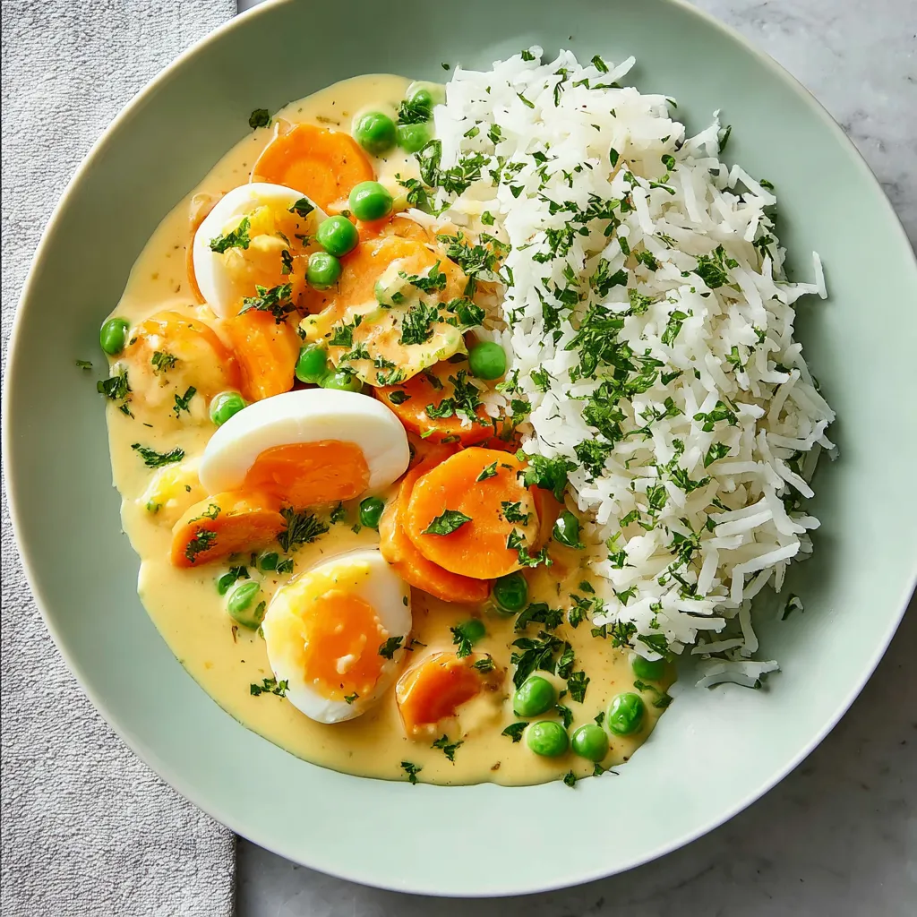 Ein weißer Teller mit Rice, Eiern und Karotten.