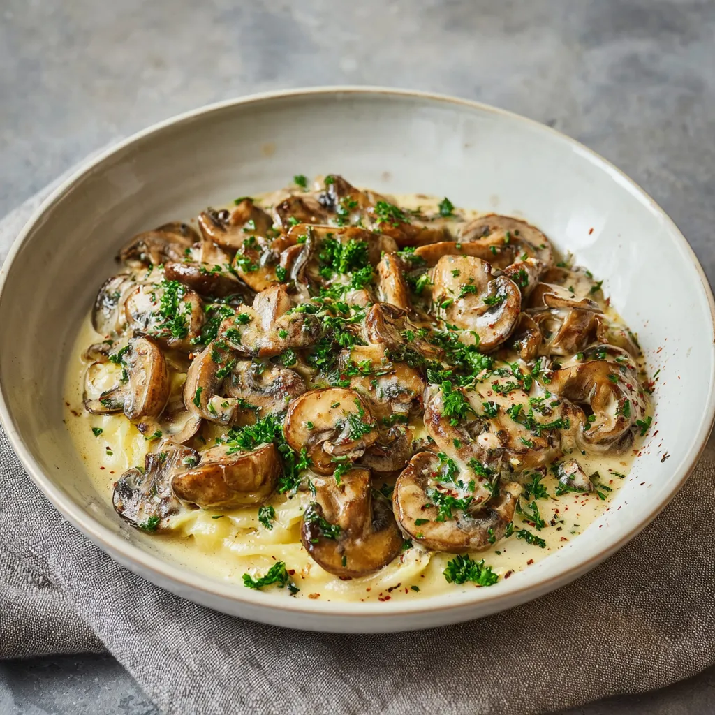 Ein weißer Teller mit einer Mischung aus Mushrooms, Spinach und Parsley.