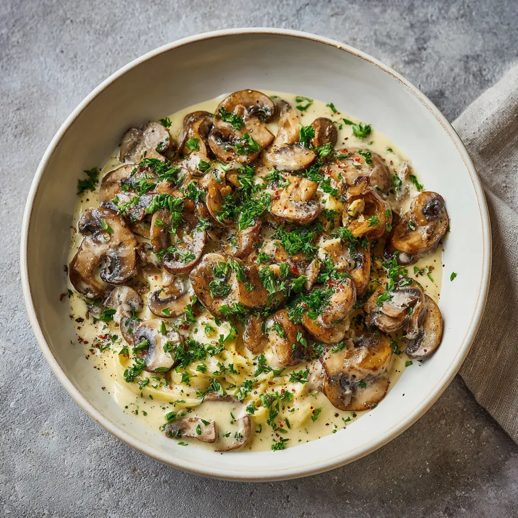 Ein weißer Teller mit einer Mischung aus Mushrooms, Spinach und Käse.