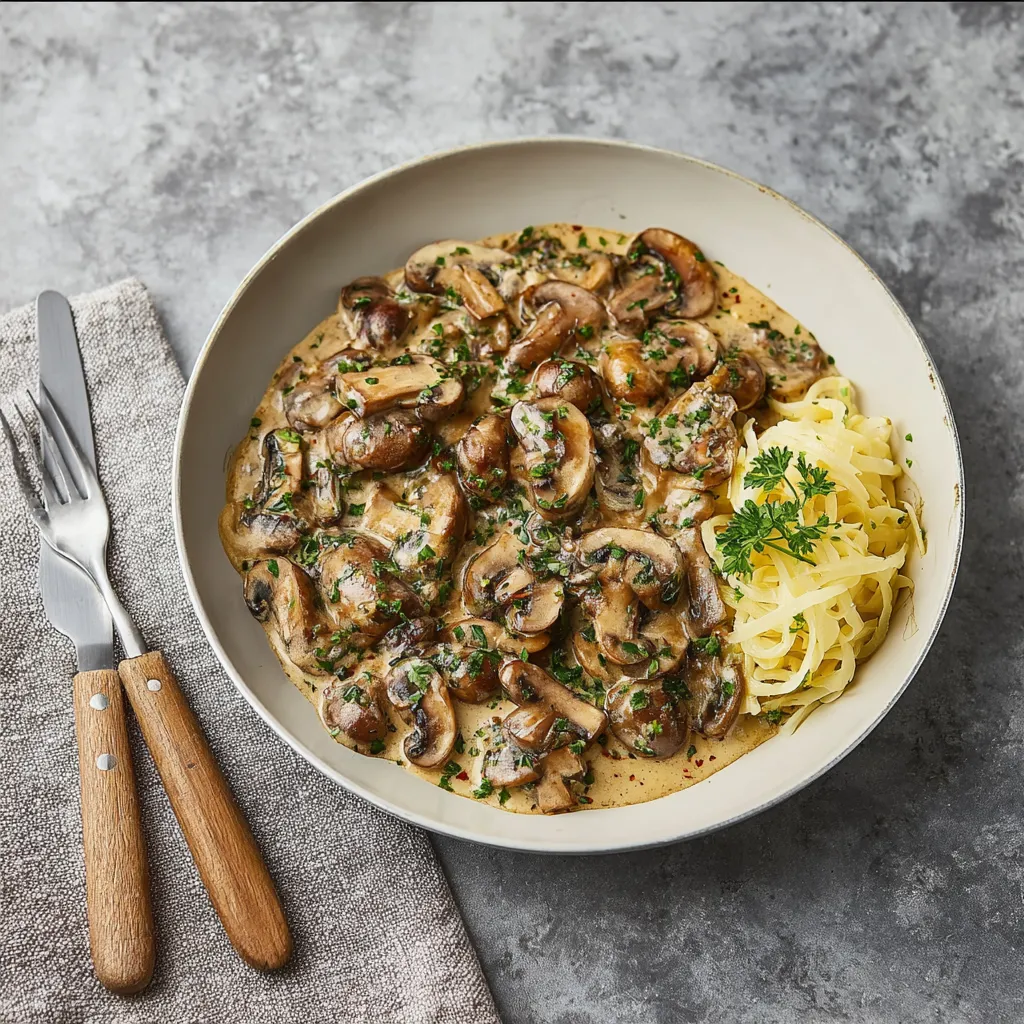 Ein weißer Teller mit einer Mischung aus Mushrooms, Pasta und Sauce.