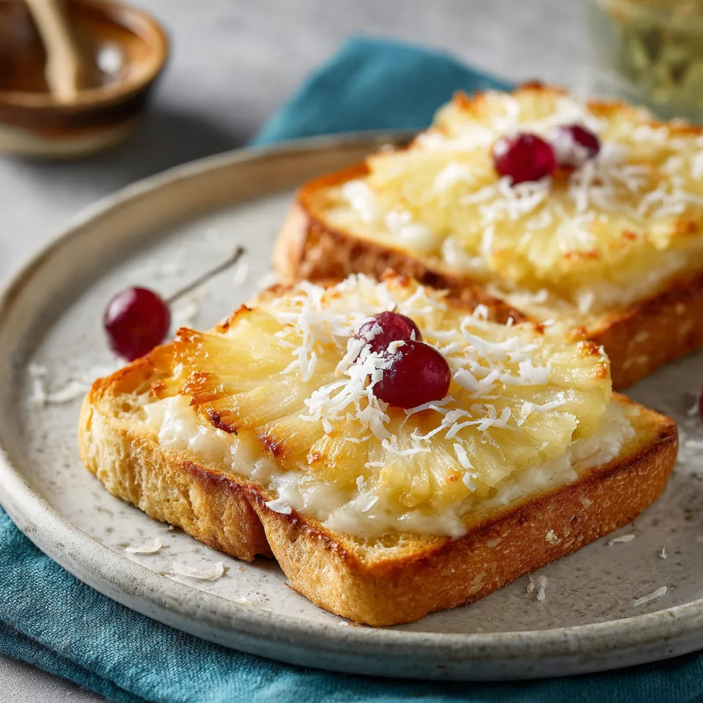 Zwei Scheiben Toast mit frischem Käse und frischem Honig auf einem Teller.