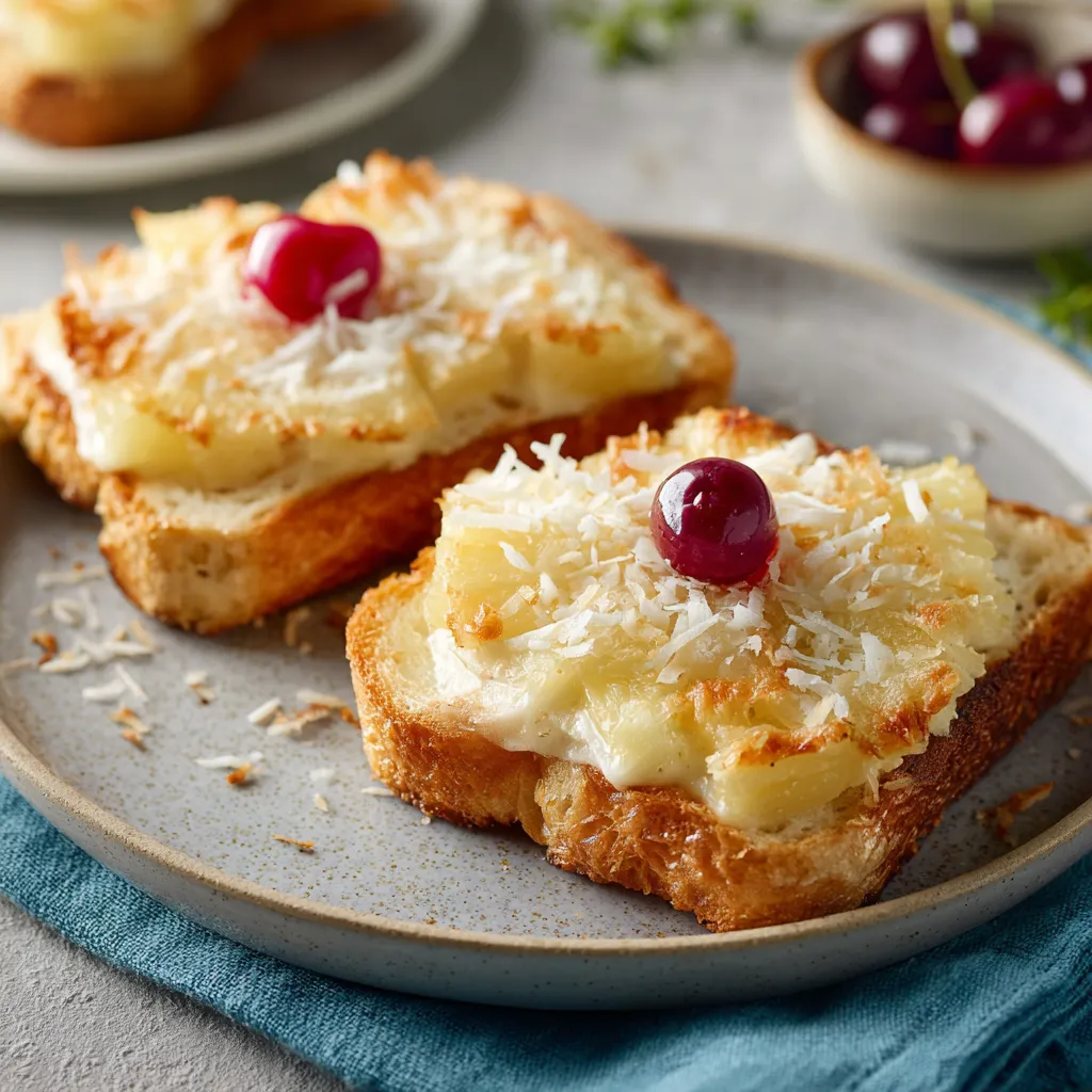 Eine Platte mit zwei Toastbrotstücken, die mit frischem Käse und Cherry gehalten werden.
