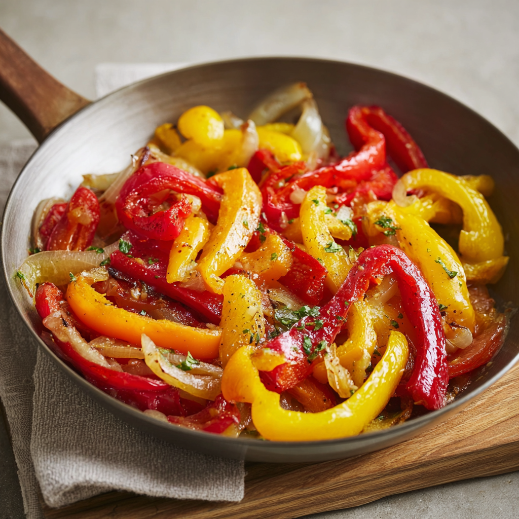 Eine Schüssel mit frisch zubereiteten Gemüse, darunter Paprika, Zwiebeln und Tomaten, in einer Pfanne.