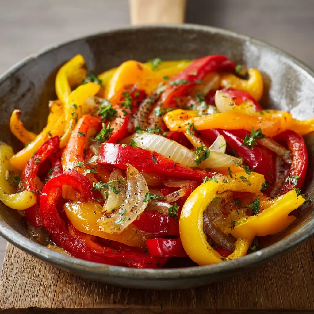 Ein Schalen mit frisch zubereitetem Gemüse, bestehend aus Paprika, Zwiebeln und Tomaten, garniert mit Parsley.