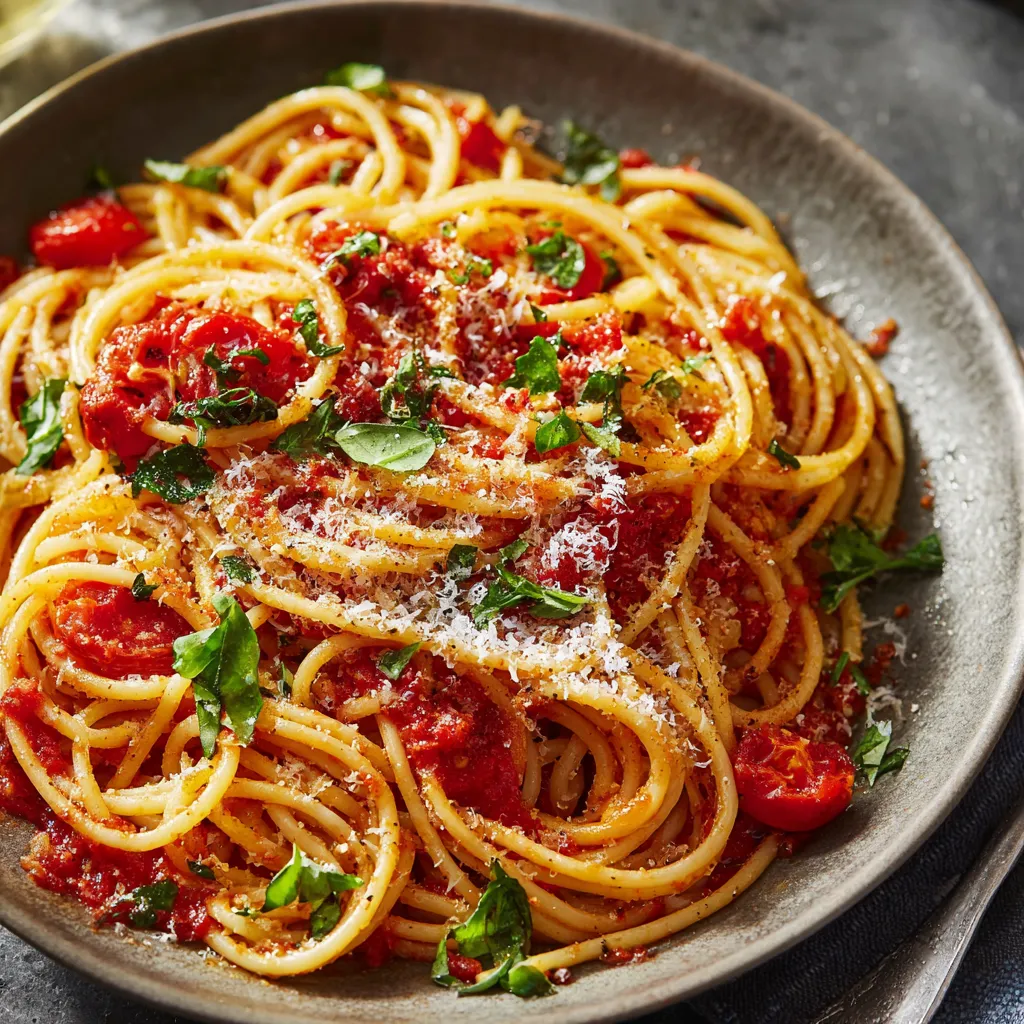 Ein Schälchen mit Pasta, Tomaten, Basilikum und Parmesan.