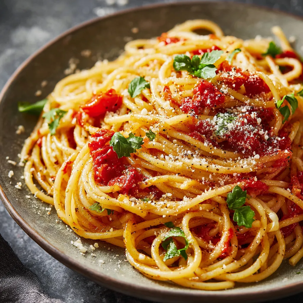 Ein Schälchen mit Spaghetti und Tomaten.
