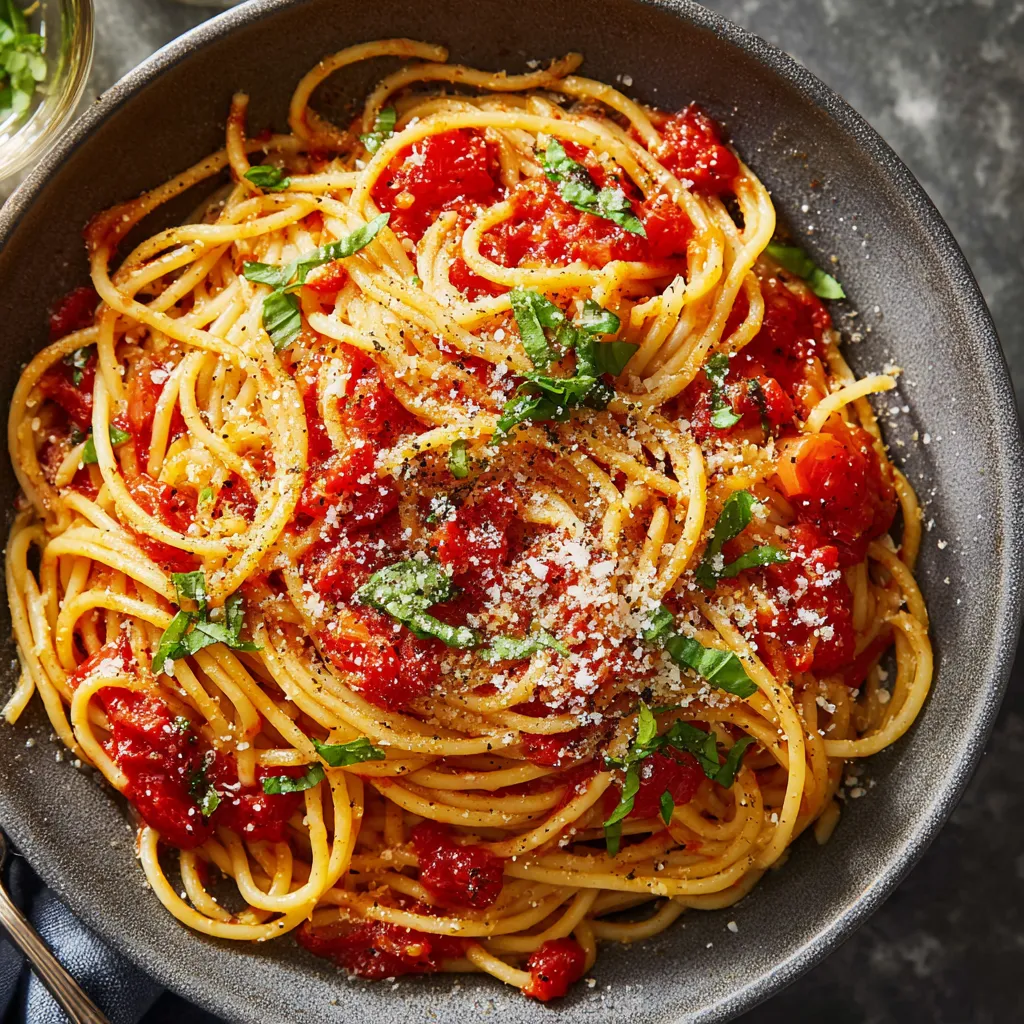 Ein Schalen mit Spaghetti und Tomaten.