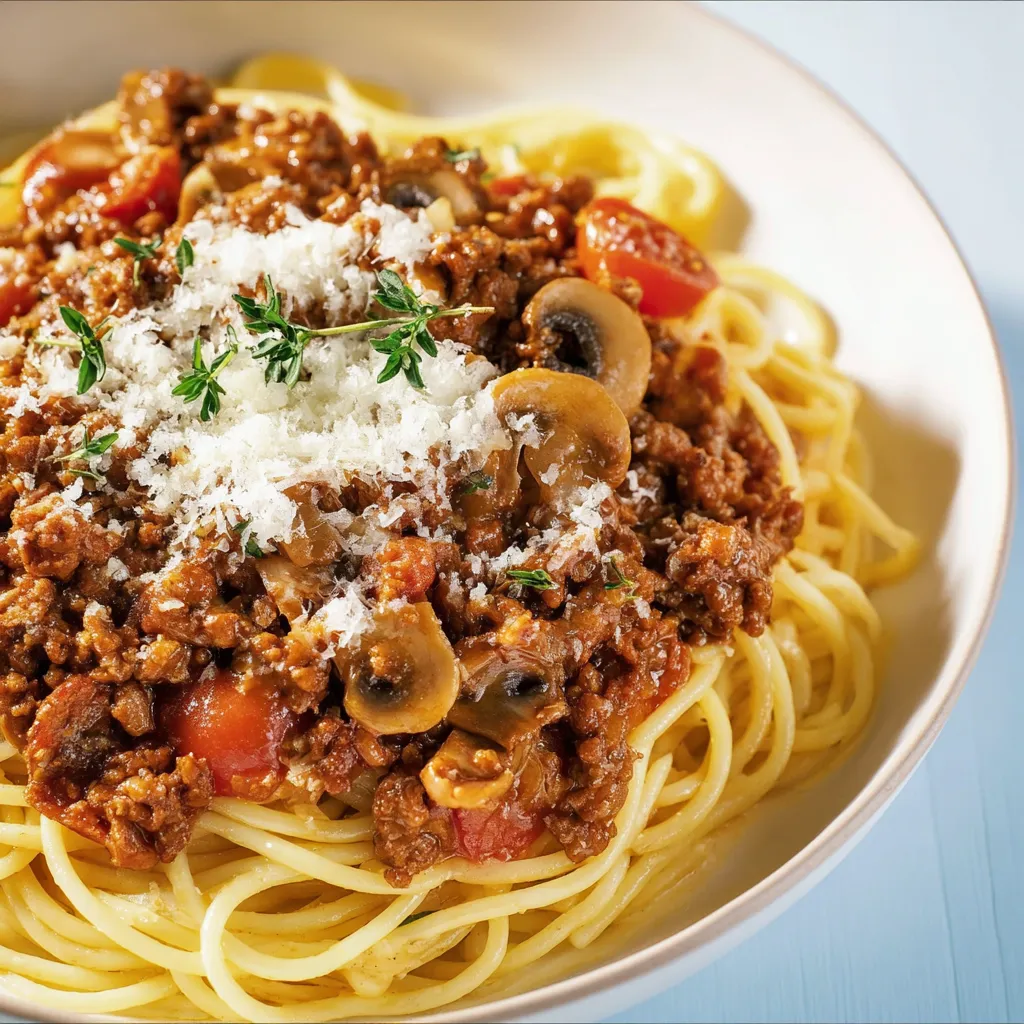 Ein weißer Teller mit Spaghetti, Mushrooms, Tomaten und Sauce.