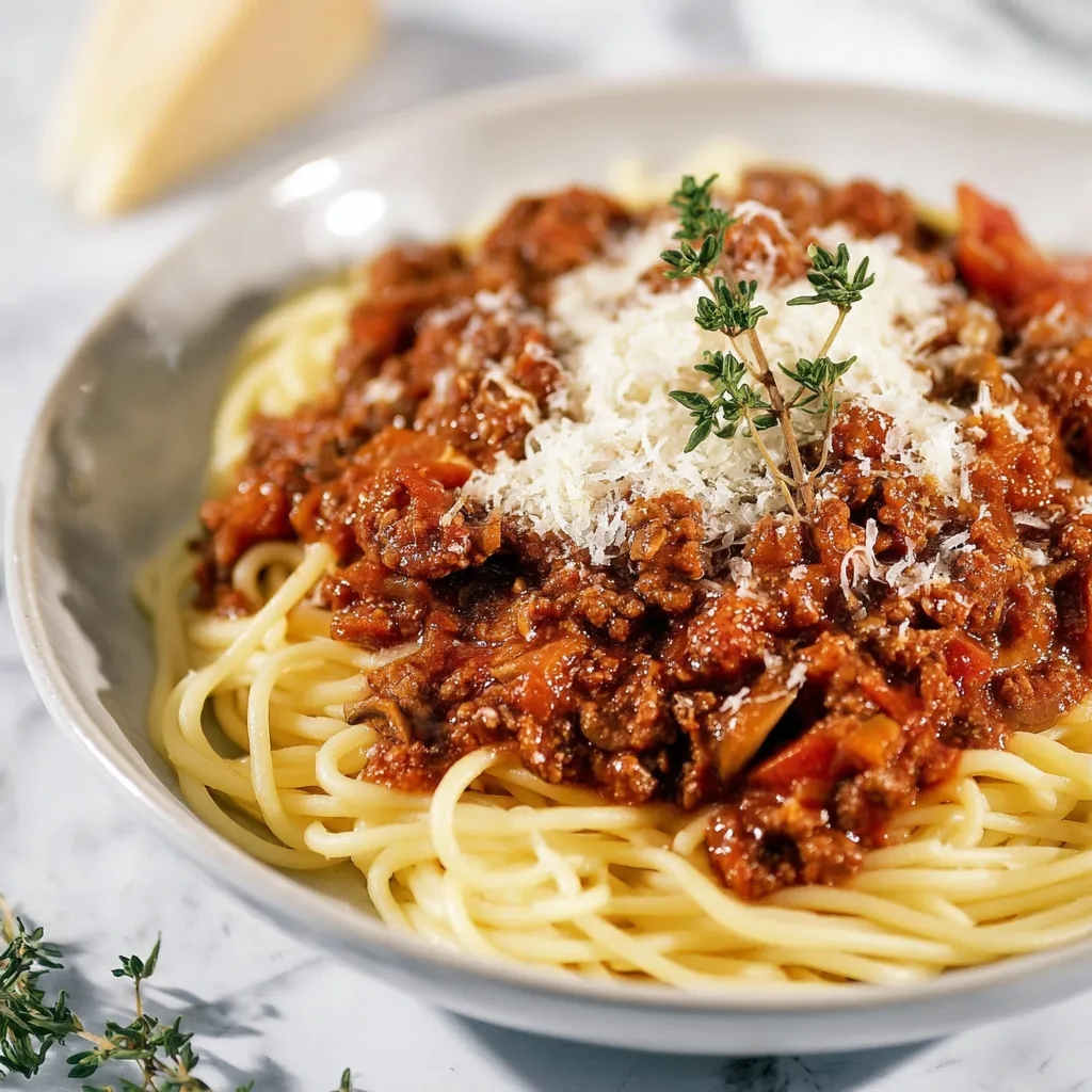 Ein Schälchen mit Spaghetti und Bolognese-Sauce.