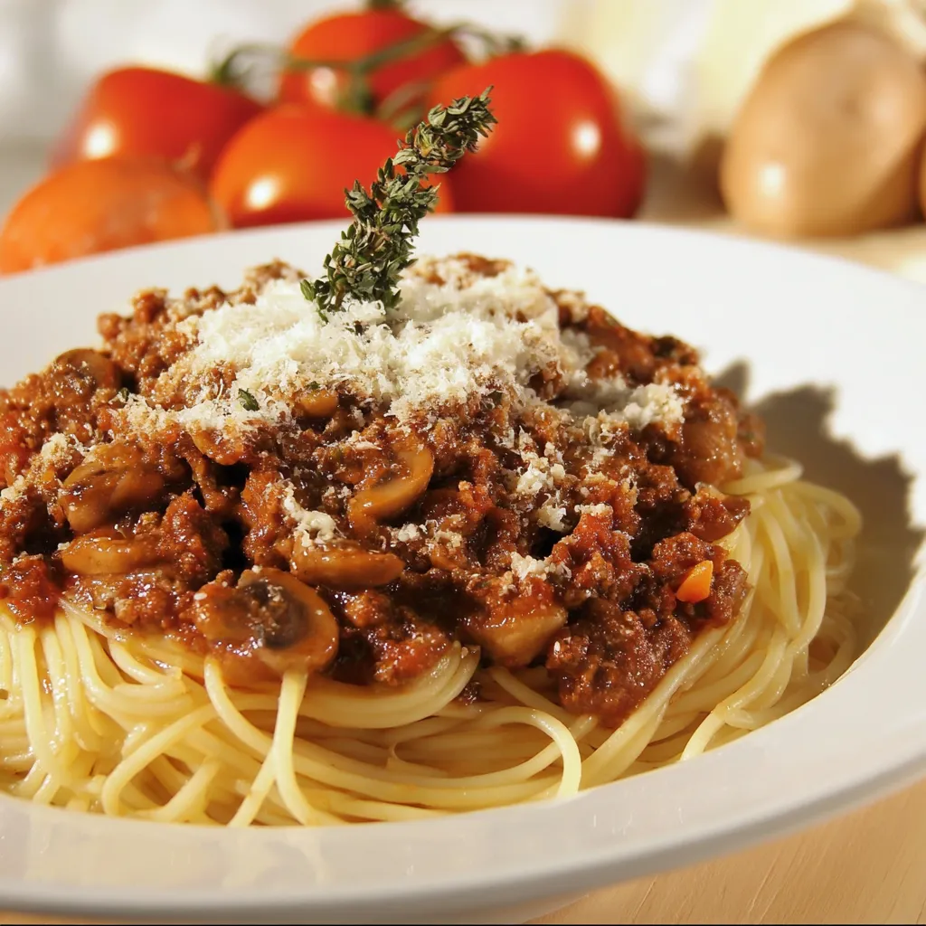 Ein weißer Teller mit Spaghetti, Tomaten, Zwiebeln und Sauce.