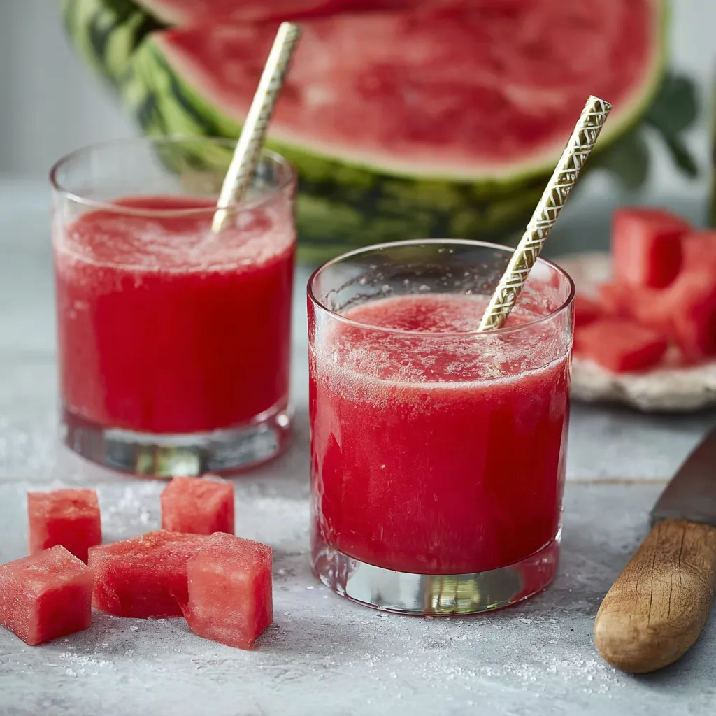 Zwei Gläser mit roter Flüssigkeit, die aus einem Watermelon gemacht sind.