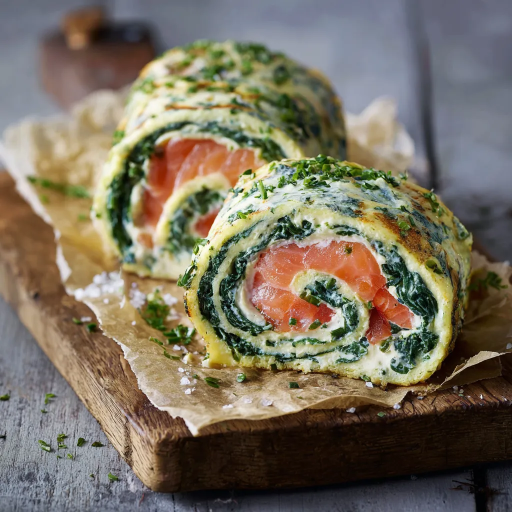 Zwei rollende Salat-Rollen mit rotem Fleisch und grünen Zutaten auf einem Holzbrett.