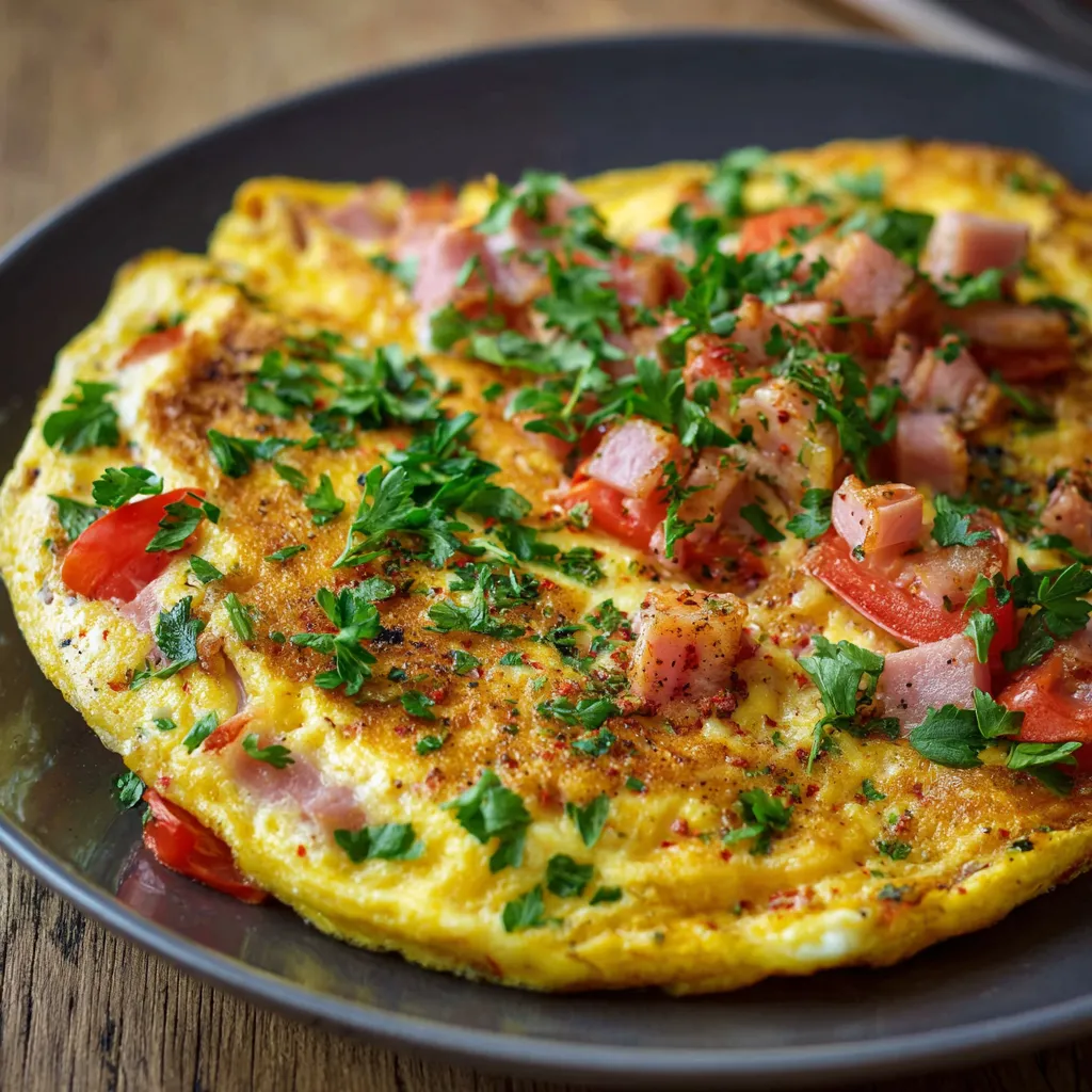 Eine Eier-Tomaten-Omelette mit frischem Basilikum und Zwiebeln auf einem Teller.