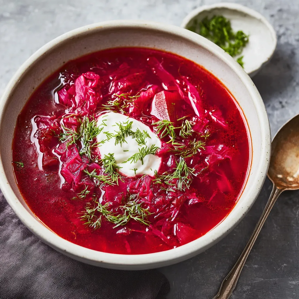 Ein Becher mit roter Suppe und grünen Zwiebeln.
