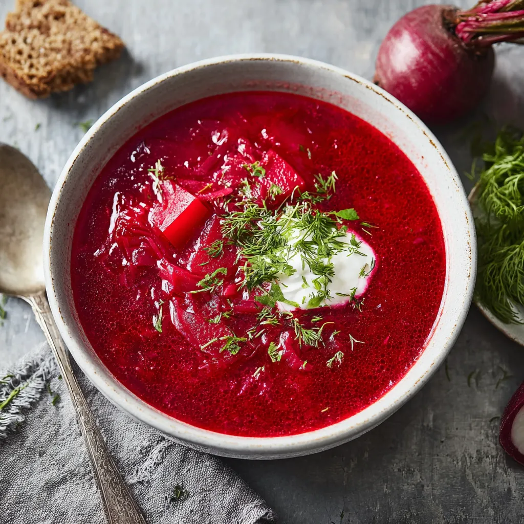 Ein Schüssel mit roter Suppe und Zwiebeln.