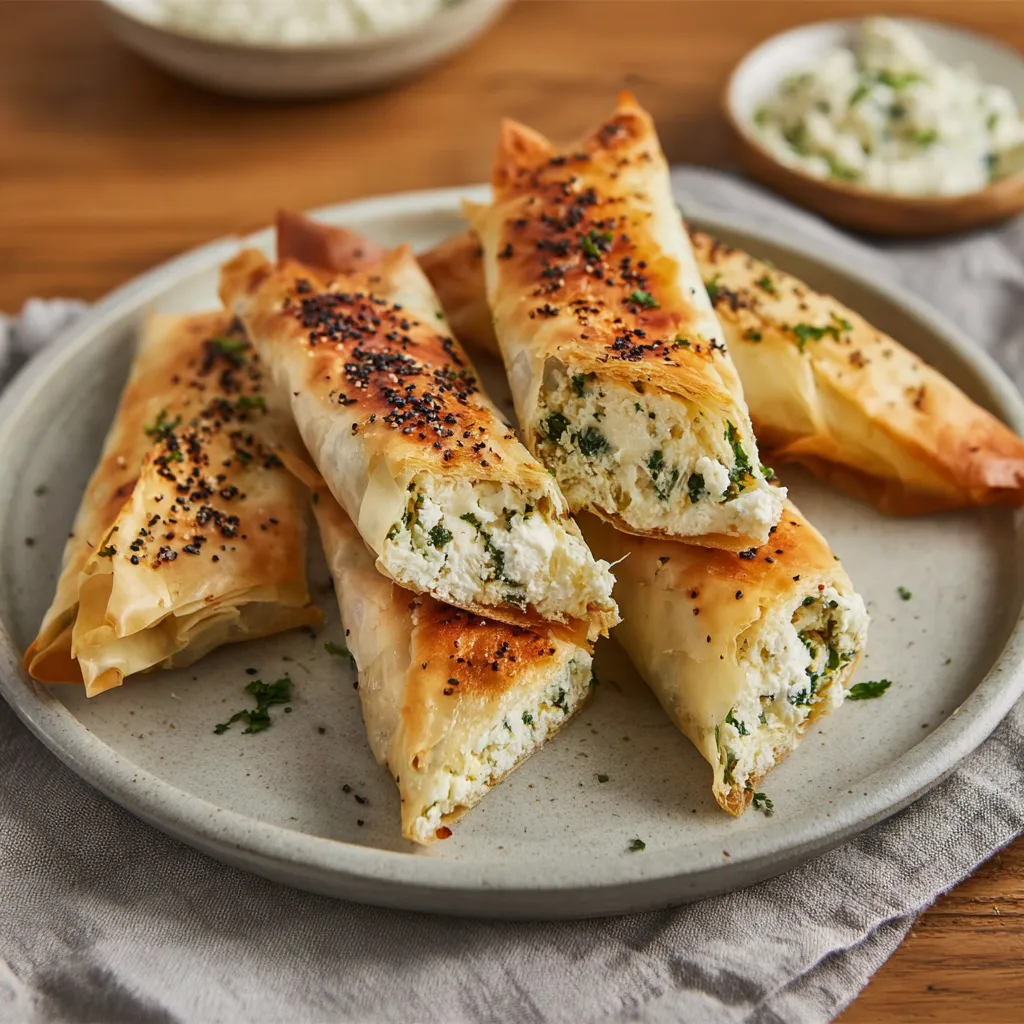 Eine Platte mit sechs grillierten Pita-Baguettes, die mit Spinat und Käse gefüllt sind.
