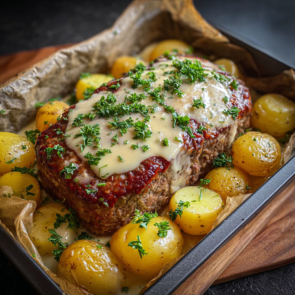 A dish of meat and potatoes with sauce.