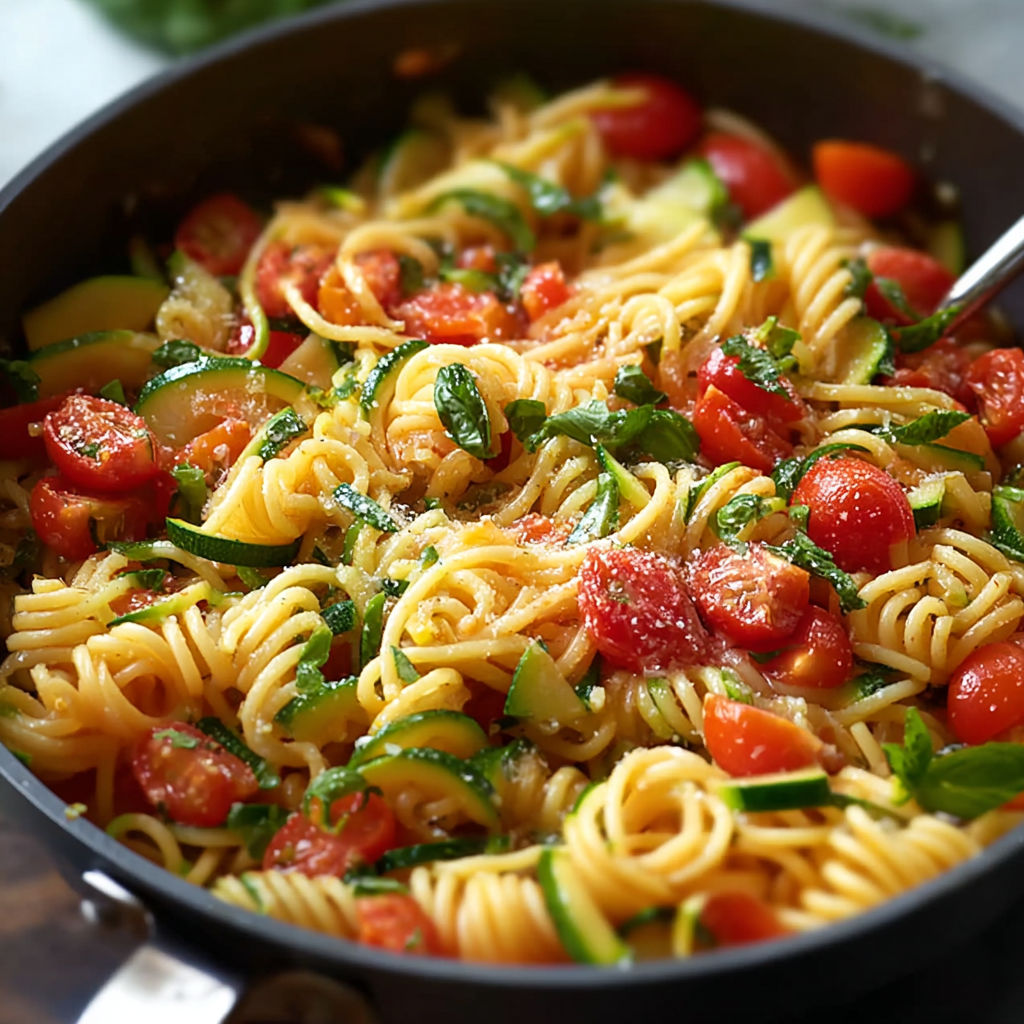 A bowl of pasta with tomatoes and zucchini.