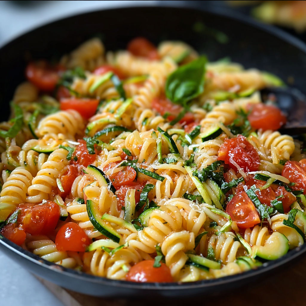 A bowl of pasta with tomatoes and zucchini.